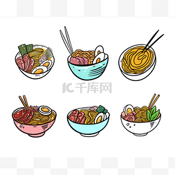 Ramen Japanese Noodle set. Flat vector illust