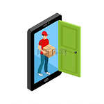送货门屏幕概念以智能手机屏幕为开门功能的在线订单交付概念组成以及以邮政包裹矢量图为快递代理