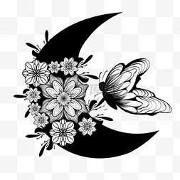 月亮剪影图片_黑白花卉蝴蝶月亮剪影