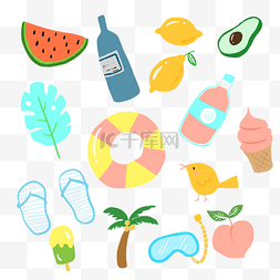夏天大暑小暑游泳图片_夏天水果沙滩度假可爱涂鸦