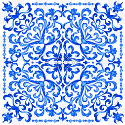蓝色瓷砖纹理图片_葡萄牙瓷砖水彩蓝色图形