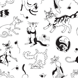 卡通小猫玩线图片_无缝图案与玩不同品种的猫和纱线