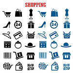 购物和商务平面图标，带有黑色和蓝色购物车、篮子和袋子、银行信用卡、钱包、钱、送货、条形码、商店、二维码、礼品盒、24 小时标志、计算器、鞋子、帽子。