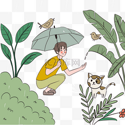 男孩蹲着跟猫在春雨中玩耍