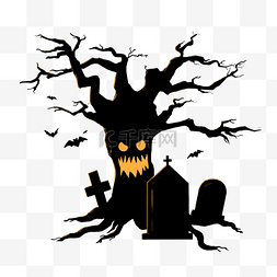 黑色万圣树图片_万圣节黑色怪树墓碑手绘插画元素
