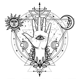 白色神圣背景图片_神秘图画: 神的手, 全看的眼睛, 月