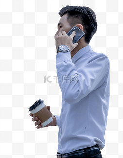商务男性拿着咖啡打电话侧面