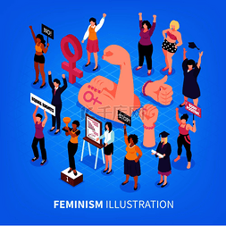 政治口号图片_等距女权主义构图与拳头的象征图