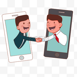 使用手机矢量图片_商务人士在线开心握手插画