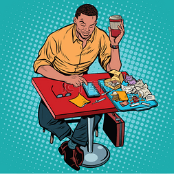 手绘书和咖啡图片_非洲裔美国人用餐的餐厅，fasfud 