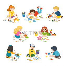 地板铺法图片_一组快乐的孩子在地板上画画和画