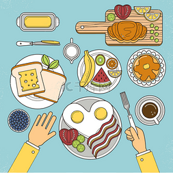 餐厅扁平化图片_顶视图的营养早餐套餐