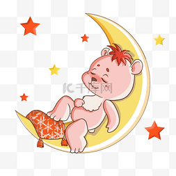 睡觉的小熊图片_月亮上的小熊儿童童话插画