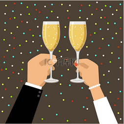 手拿着香槟和酒杯，庆祝。