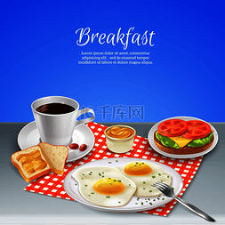 咖啡海报背景图图片_美味的营养早餐，包括鸡蛋、咖啡