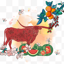 新年水果边框图片_越南春节五福临门水彩边框