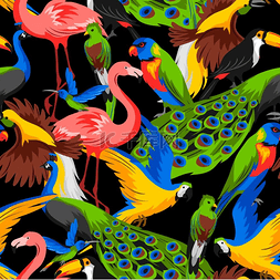 热带雨林鹦鹉图片_无缝图案搭配热带珍禽丛林和热带