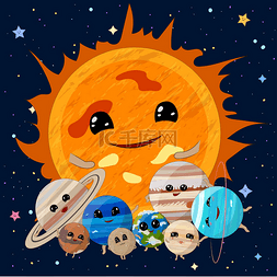 卡通太阳与太阳系的行星在空间背