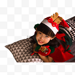 床上用品花纹图片_人像圣诞节女孩趴着圣诞礼物小女