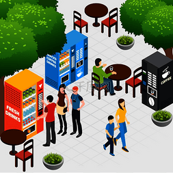咖啡海报背景图图片_与户外咖啡馆和人们在自动售货机