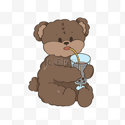 喝奶茶的卷毛卡通泰迪熊