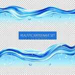 在透明背景矢量图上隔离的蓝色水波和水滴逼真集
