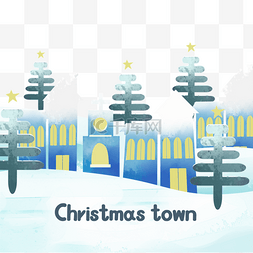 蓝色雪花圣诞树图片_水彩风格圣诞小镇蓝色房子