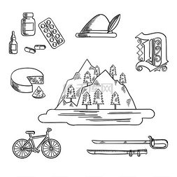 素描奶酪图片_德国旅游和文化素描图标与阿尔卑