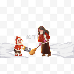 小年新年春节打扫劳动扫雪人物