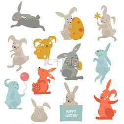 卡通小动物春天图片_Easter bunny cute vector style set