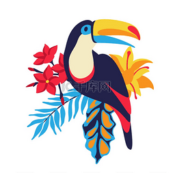 巨嘴鸟图片_巨嘴鸟与热带植物的插图。