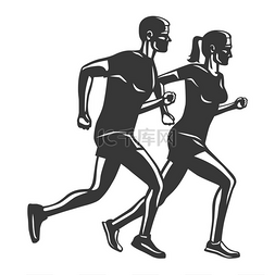 奔跑的男人和女人在白色的剪影。