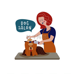 卡通理发师图片_可爱的狗在美容沙龙。女人梳狗。