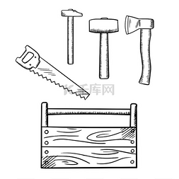 工具手工图片_带锤子、斧头和手锯的手工木制工