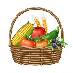 用时令水果和蔬菜收获篮子的插图