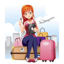 一个带着行李坐着的旅行女孩的矢