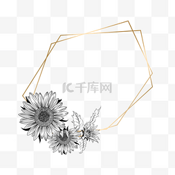 向日葵创意图片_素描向日葵花卉金线边框创意