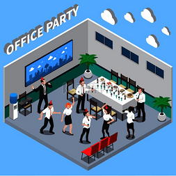 唱歌跳舞矢量图片_蓝色背景下的办公室派对等距构图