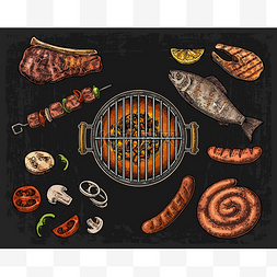 手绘烧烤卡通图片_烧烤烧烤炉顶视图与木炭、 蘑菇