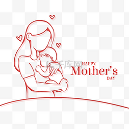 影像增强图片_红色线条抱着婴儿的母亲抽象线稿
