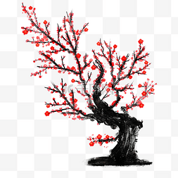 红色梅花树枝水墨风格