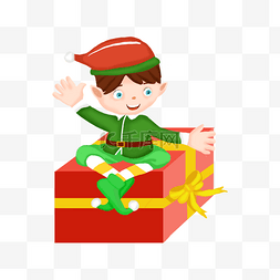 红色圣诞小精灵图片_小精灵坐在大礼盒上插画