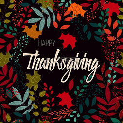 感恩节快乐字体图片_带有花卉装饰元素的感恩节快乐卡