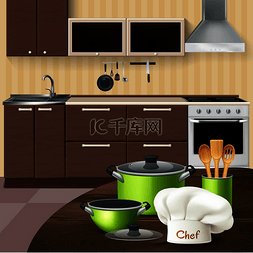 棕色桌子图片_厨房内部配有逼真的绿色炊具木制
