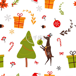 纸无缝图片_无缝图案与驯鹿、圣诞装饰糖果、