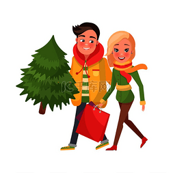 快乐的情侣从购物、圣诞树和手中