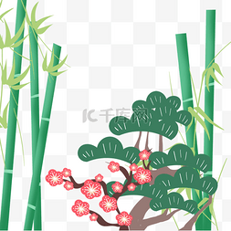 复古边框竹子图片_翠竹松枝植物贺图新年装饰日本