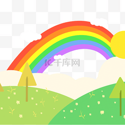 绿色草地和小树剪纸彩虹