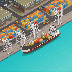 等距图建筑矢量图片_货运驳船港口码头等距图港口码头
