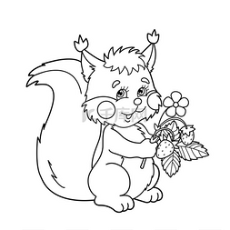 松鼠手绘图片_着色页轮廓卡通松鼠与草莓。儿童